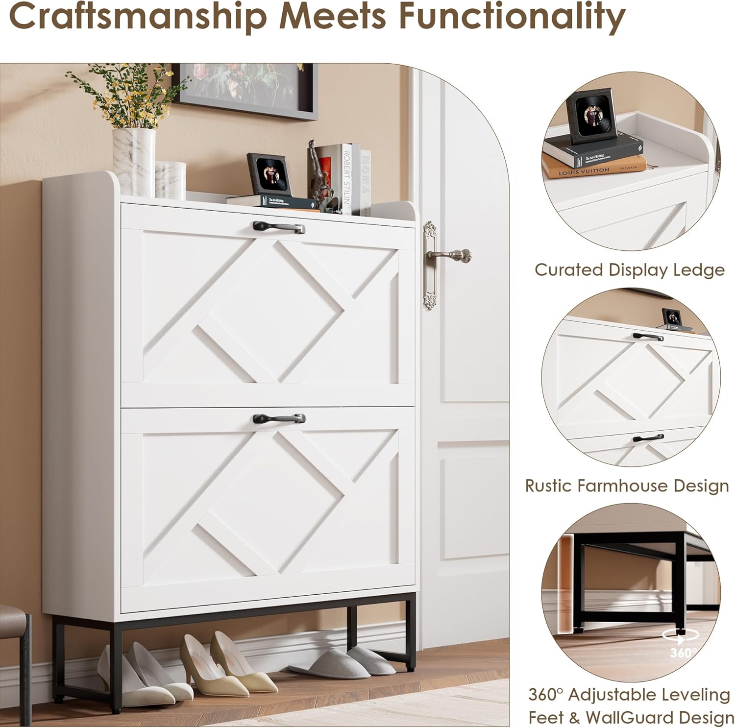 Nicetree Shoe Storage Cabinet with 2 Flip Drawers, Freestanding Shoe Organizer, Shoe Cabinet with Metal Legs, Narrow Shoe Rack Cabinet, Farmhouse Slim Shoe Cabinet for Entryway, Foyer, Hallway, White