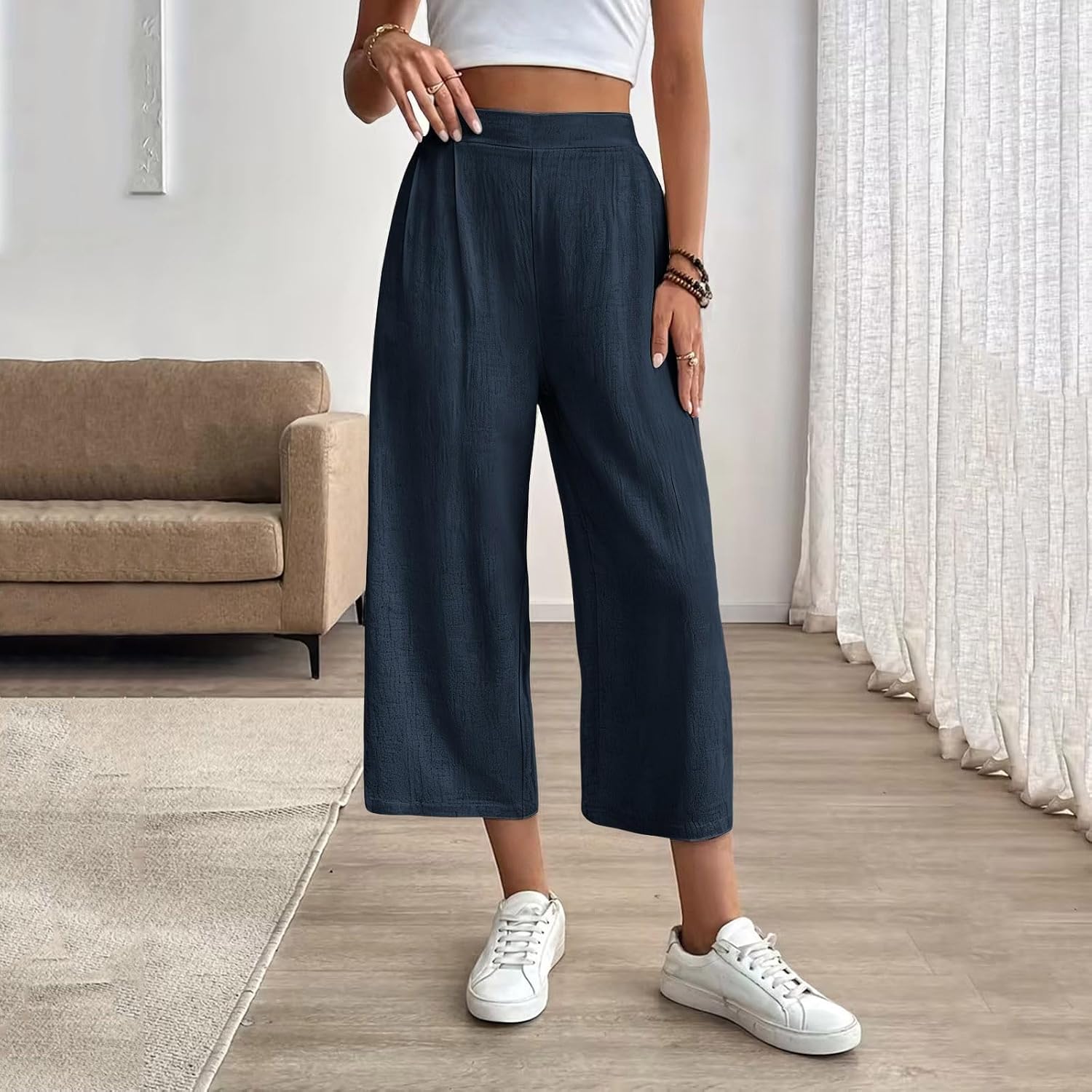 Women's Capri Pants Wide Leg High Waisted Summer Beach Vacation Capris Loose Cropped Palazzo Trousers
