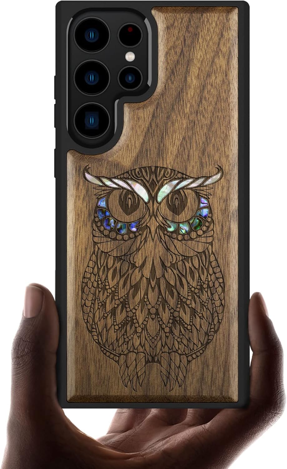 Carveit Designer Wooden Case for Samsung Galaxy S23 Ultra Cover [Wood Engraving & Shell Inlay] Unique Wood Phone Case Compatible with Wireless Chargers Galaxy S23 Ultra Case (Owl-Walnut)