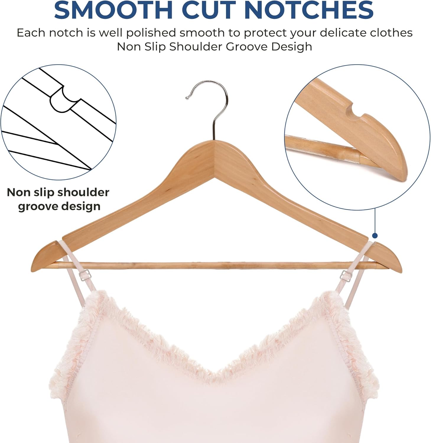 JS Hanger Wooden Coat Hangers, 20 Pack High Grade 17.5 Inch Wood Suit Hangers with Non Slip Pant Bar - Extra Smooth and Splinter Free Natural Finish Wooden Suit Hangers for Closet Organization