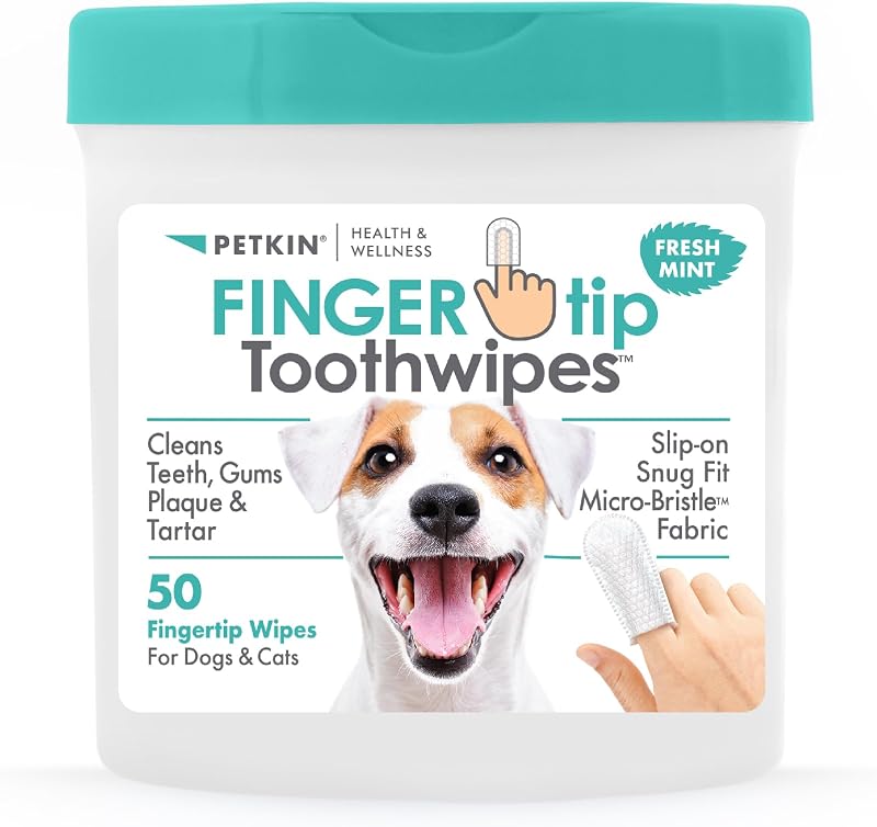 Fingertip Tooth Wipes for Dogs and Cats, 50 Finger Wipes - Slip-On, Snug Fit, Micro-Bristle Fabric - Cleans Teeth, Gums, Plaque & Tartar - Convenient, Ideal for Home and Travel - Fresh Mint