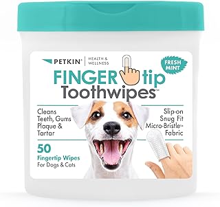 Fingertip Tooth Wipes for Dogs and Cats, 50 Finger Wipes - Slip-On, Snug Fit, Micro-Bristle Fabric - Cleans Teeth, Gums, Plaque & Tartar - Convenient, Ideal for Home and Travel - Fresh Mint