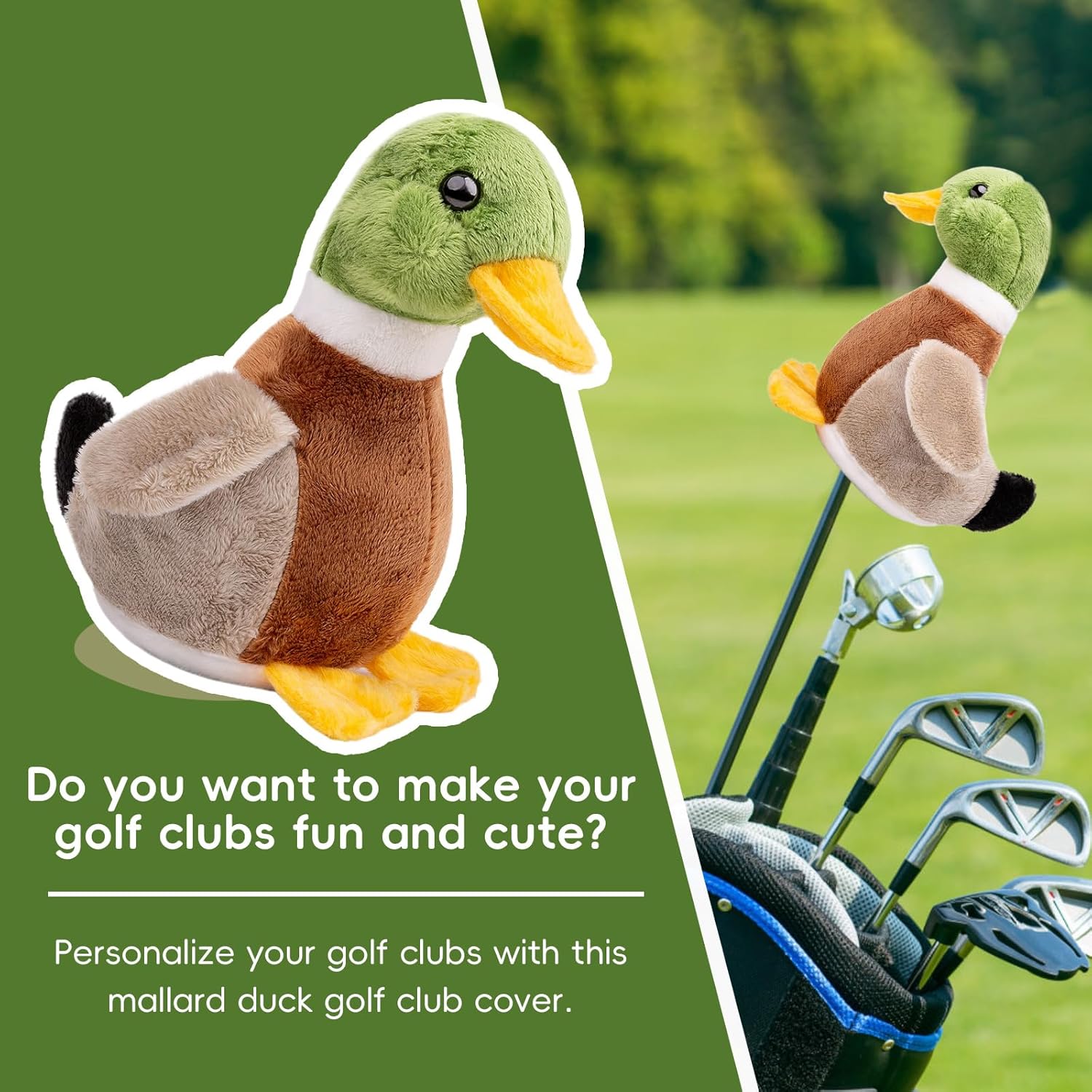 Funny Mallard Duck Golf Headcover, Animals Plush Golf Club Head Covers, Small Size Fits Hybird and Irons, Large Size Fits Standard 460cc Driver Head