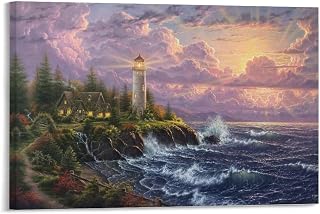 Poster of The Famous Artist Thomas Kinkade's Lighthouse Painting Canvas Poster Wall Art Decor Print Picture Paintings for Living Room Bedroom Decoration Frame-style 36x24inch(90x60cm)