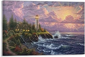 Poster of The Famous Artist Thomas Kinkade's Lighthouse Painting Canvas Poster Bedroom Decor Office Room Decor Gift Frame-style 24x16inch(60x40cm)