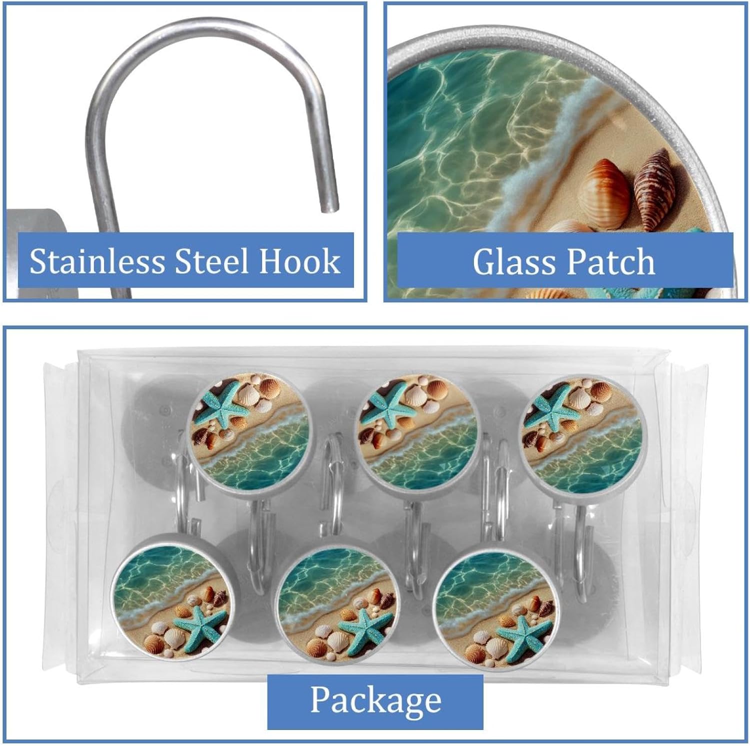 Beach Shell Decorative Shower Curtain Hooks Rings,Set of 12pcs Shower Curtain Hooks,Rustproof Decorative Shower Rings for Bathroom (Multi 06)