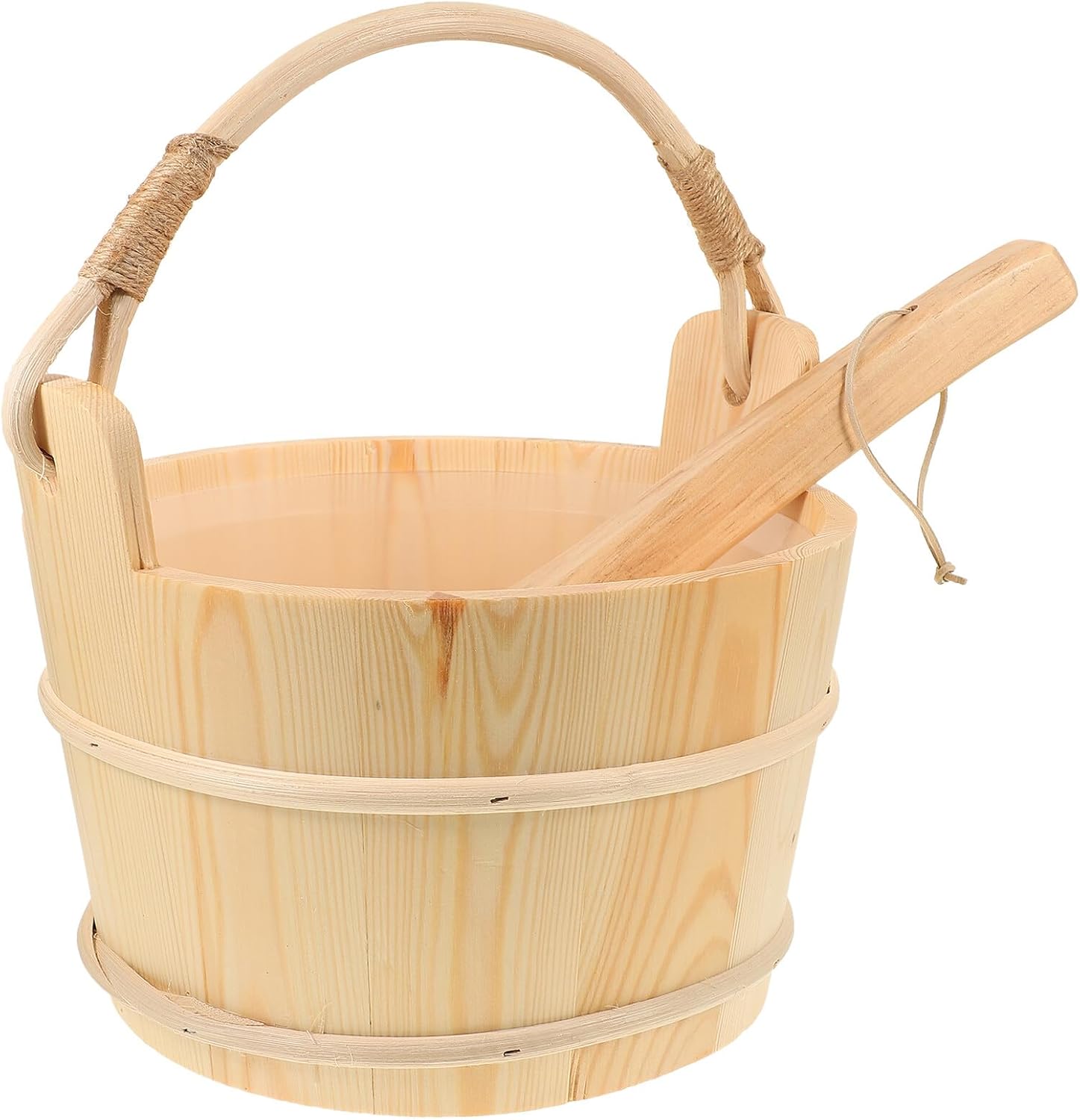 Ciieeo Classic Wooden Sauna Bucket and Ladle Set with Plastic Liner, Practical Wooden Bathing Barrel for Home Steam Sauna and Spa Accessories