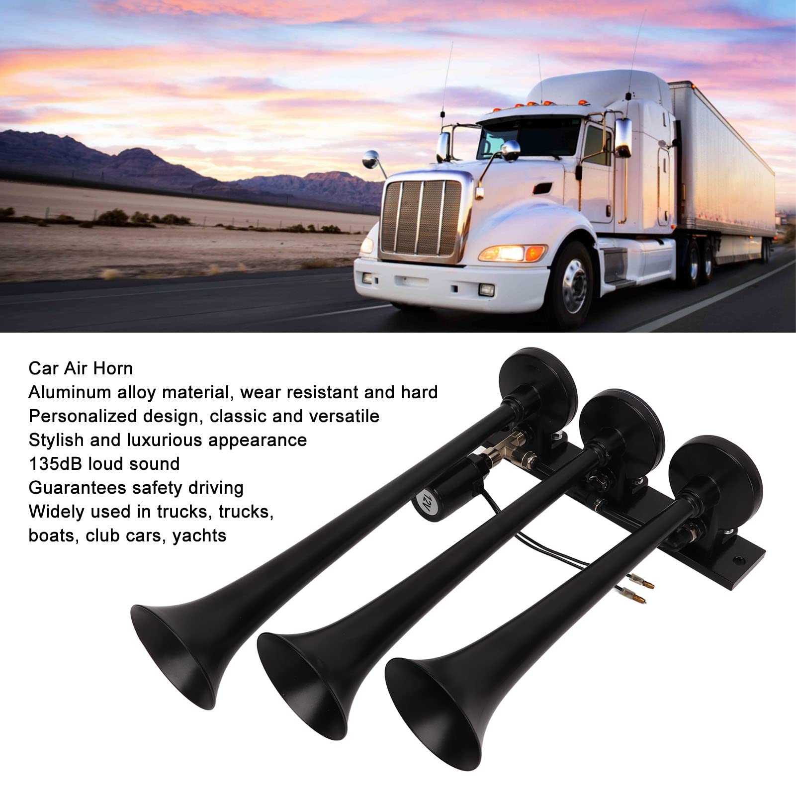 Tromba d'aria a tromba DC 12V a 3 fori da 135 dB per camion, barche, yacht, lega di alluminio nera