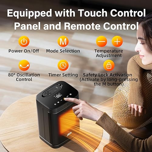Miniatura 4 de Calentador de espacio PTC de 1500 W para interiores con oscilación de 80, termostato, temporizador de 12 horas, calor rápido, modo ecológico,