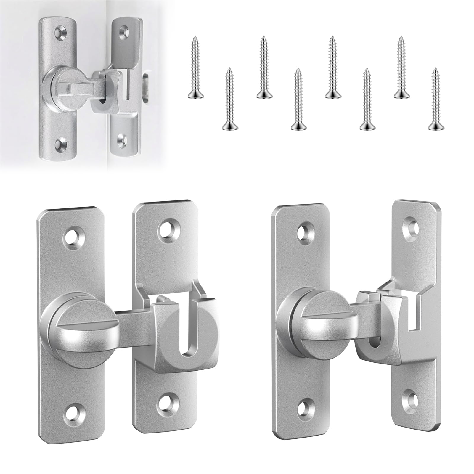 2 Pack Sliding Door Latch – Aluminium Alloy Privacy Lock, Snap Latch for Bathroom, Bedroom, Barn Door & Window, Interior Security Lock with Modern Finish, Easy to Install (Silver)