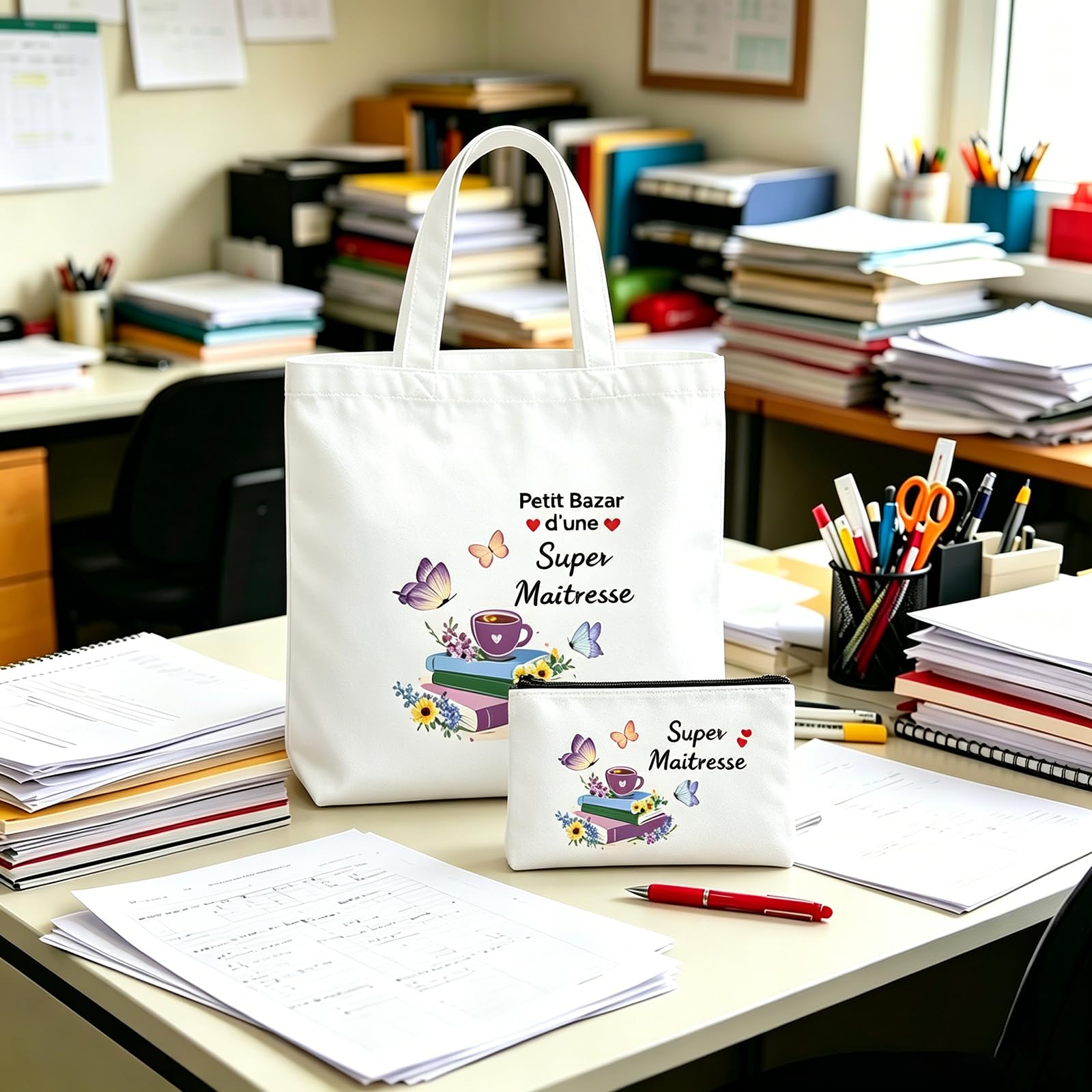 Cadeau Maitresse D'École, Cadeau Professeur Cabas Petit Bazar d'une Super Maîtresse Tote Bag Cadeaux Merci Maîtresse Rousse de Maquillage Cadeaux Maitresse D'école Fin D'année Sac