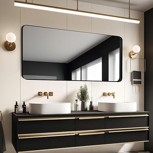 Growsun Espejo de baño de 36 x 24 pulgadas para pared, espejo de pared negro para baño, marco de metal con espejo de pared rectangular de esquina
