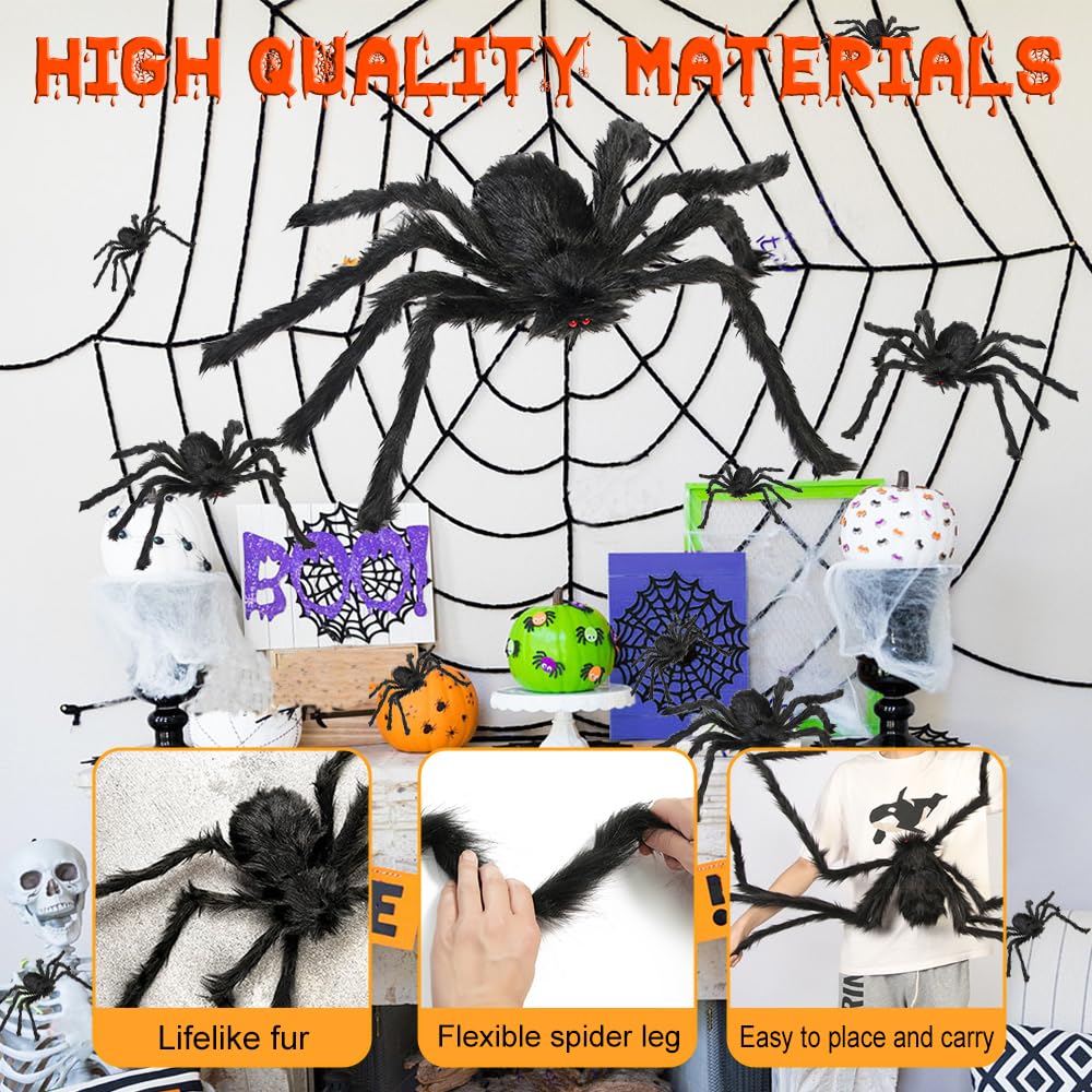 Halloween Deko Set - Spinnennetz 1800sqft + 70 Spinnen + Riesen Spinne 150cm