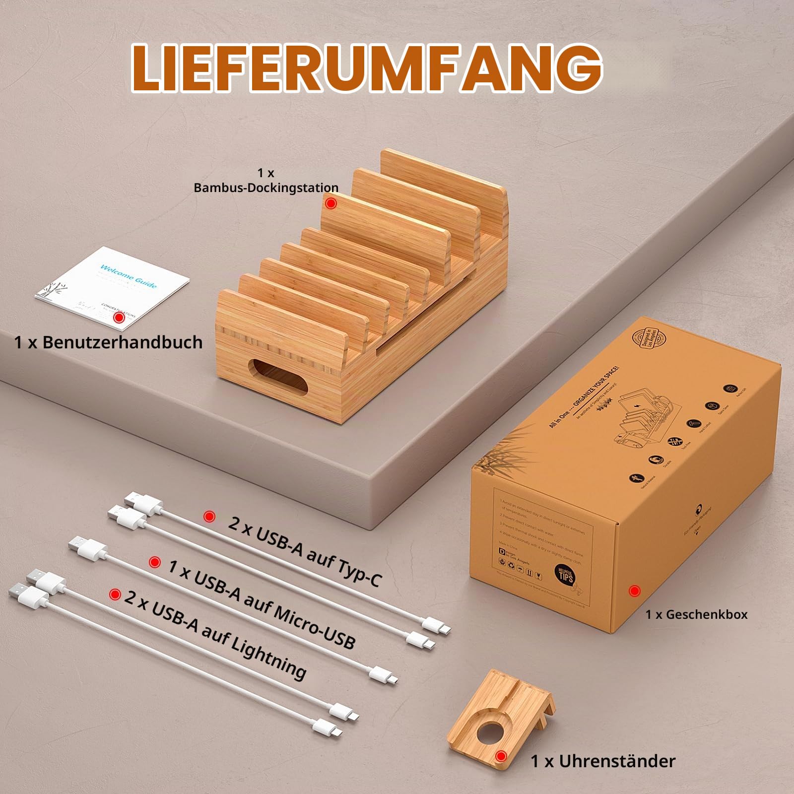 Pezin & Hulin Bambus-Ladestation mit Uhrenständer, Docking-Halterung für mehrere Geräte mit 5 Ladekabeln, Desktop-Dockstationen, elektronischer Organizer für Handy, Tablet, Uhr, natürlicher Bambus