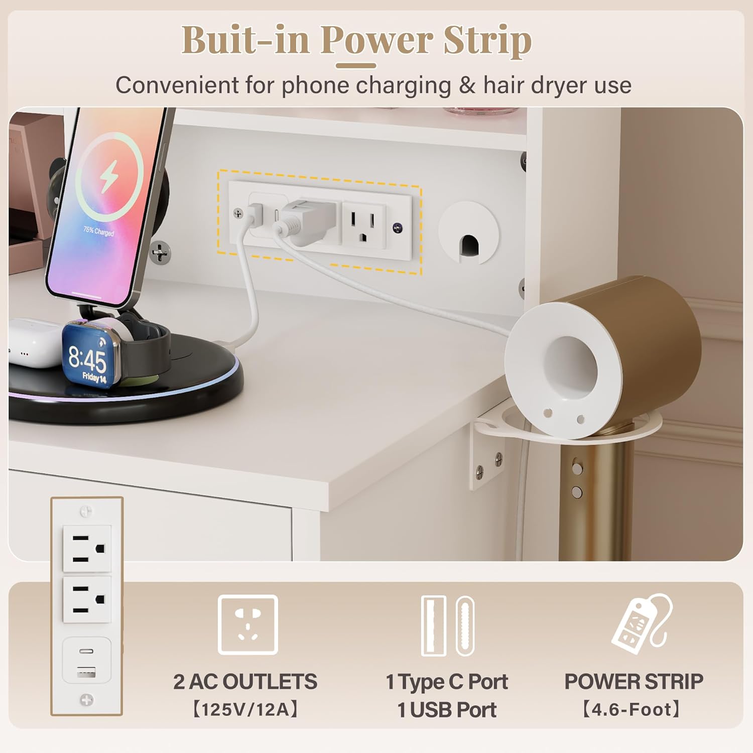 JUMMICO 39" Vanity Desk with Mirror & Power Outlet, 10 Lights, Makeup Vanity Table with 4 Large Drawers and 3 Storage Shelves, 3 Model Adjustable Lights for Bedroom & Dressing Room (White)