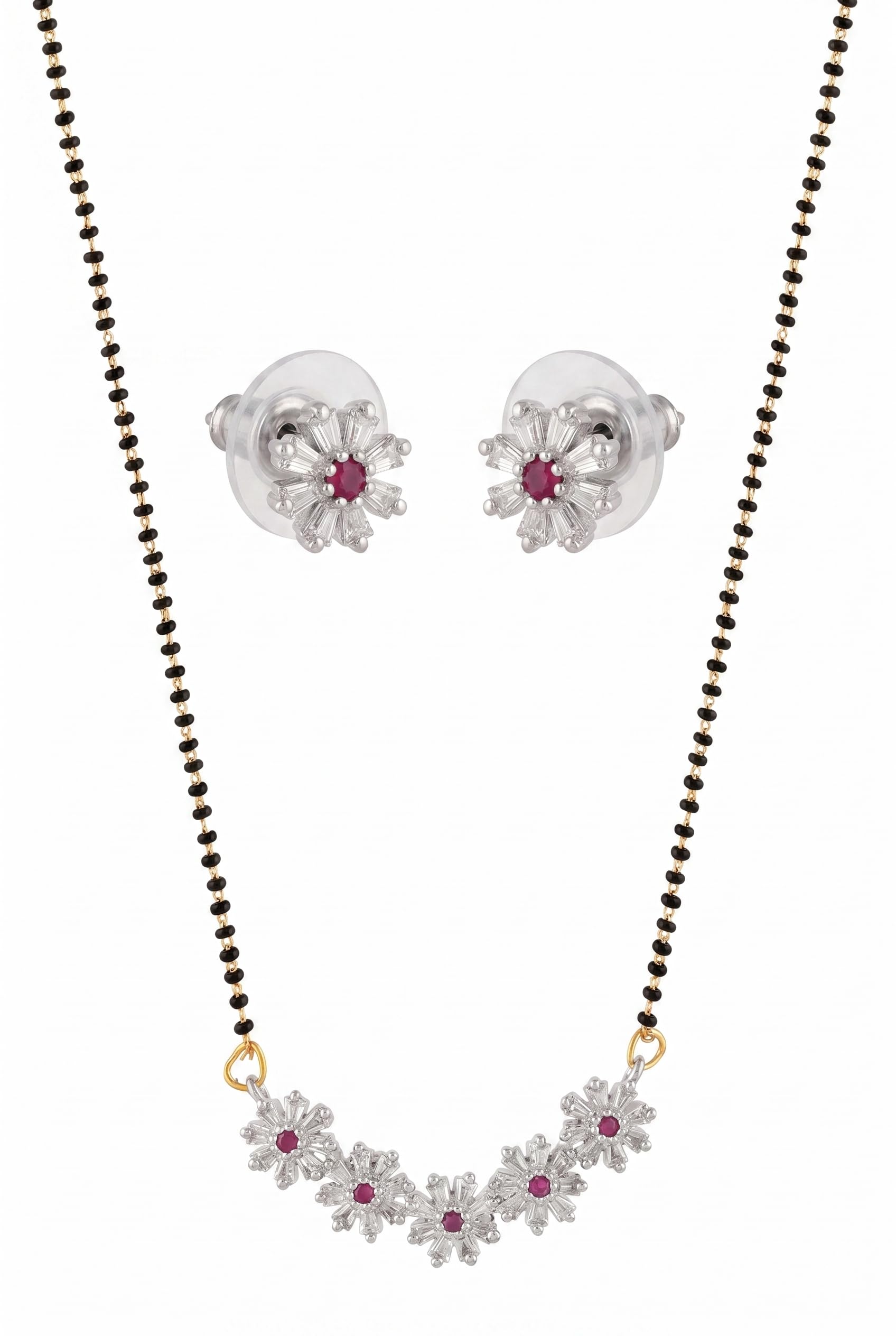 American Diamond Cubic Zirconia Floral Mangalsutra Set for Women | Rhodium Plated Brass Mangalsutra with Earrings | Black Beads Chain Necklace Set