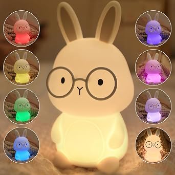 Bunny Night Light for Kids, Soft Silicone Nursery Lamp, 7-Color Glow, 3-Level Dimmable Warm Light, Tap Control, 30Min Timer, Rechargeable, BPA-Free, Easter & Birthday Gift, Baby Room Decor, Gray