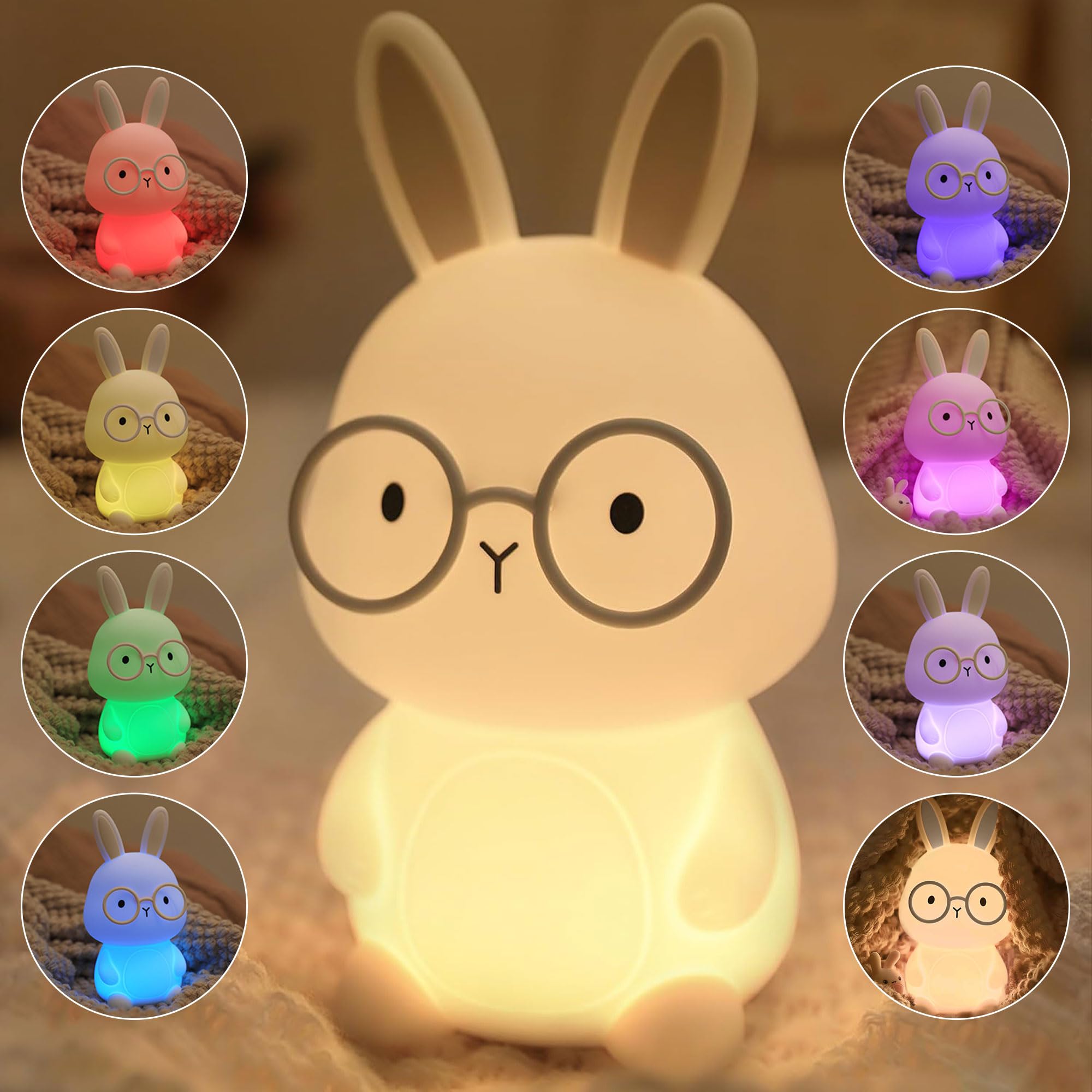 FAMIDUO Bunny Night Light, Rabbit Lamp for Kids, Rechargeable LED Nightlight for Easter Gift,Silicone Bedside Lamp with Touch Color Changing,3 Levels