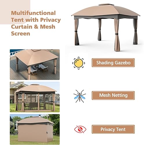 Miniatura 6 de Tangkula Cenador de patio de 12 x 10 pies, cenador de doble ventilación con cortinas de privacidad con cremallera, malla de malla, cenador de acero