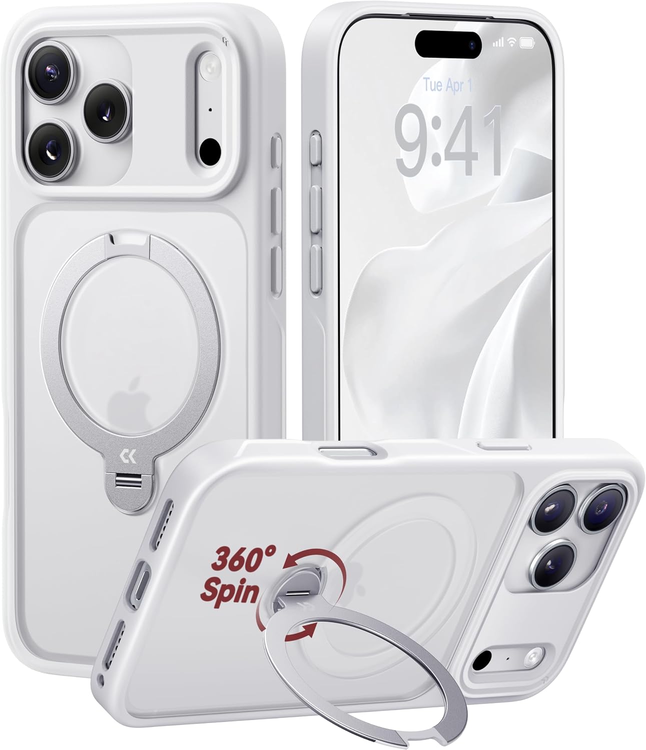 CASEKOO White for 17 Pro Case with 360 Spin Magnetic Stand [Camera Protection] [18FT Military Grade Protection] [Fit for MagSafe] Ring Grip Slim Matte 17 Pro Case 6.3 Inch