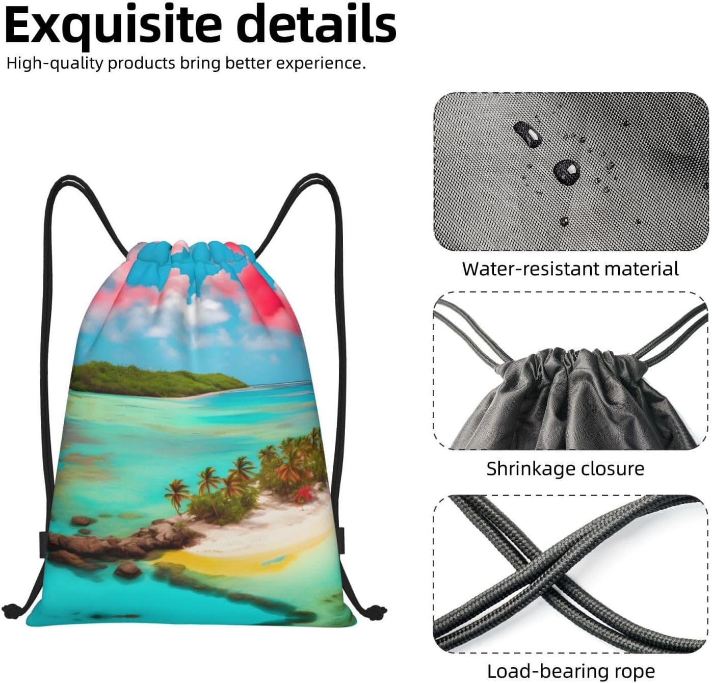 Caribbean Scenery Foldable drawstring backpack, lightweight storage bag - large-capacity fitness travel bag image 5