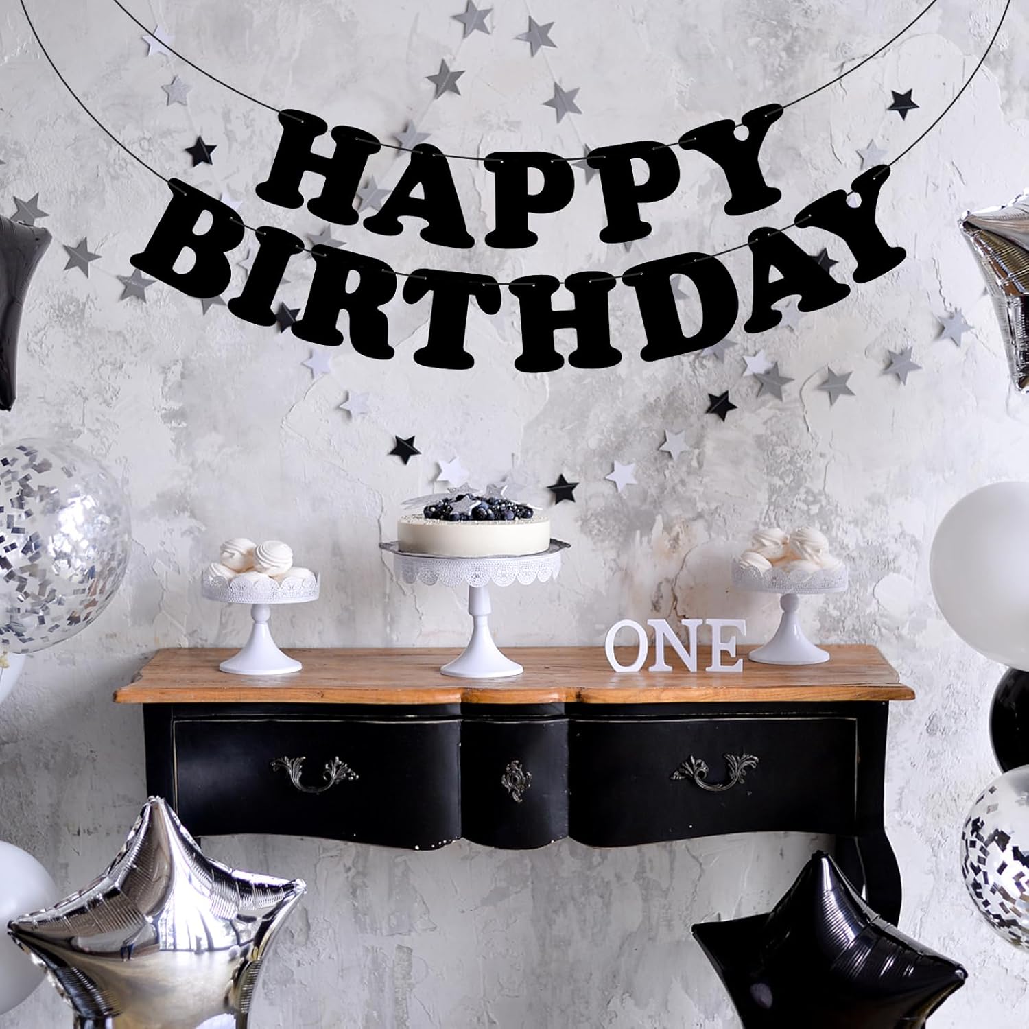 Black Happy Birthday Banner Birthday Party Decorations Birthday Sign Backdrop Party Supplies Happy Birthday Bunting Banner for Kids Adults