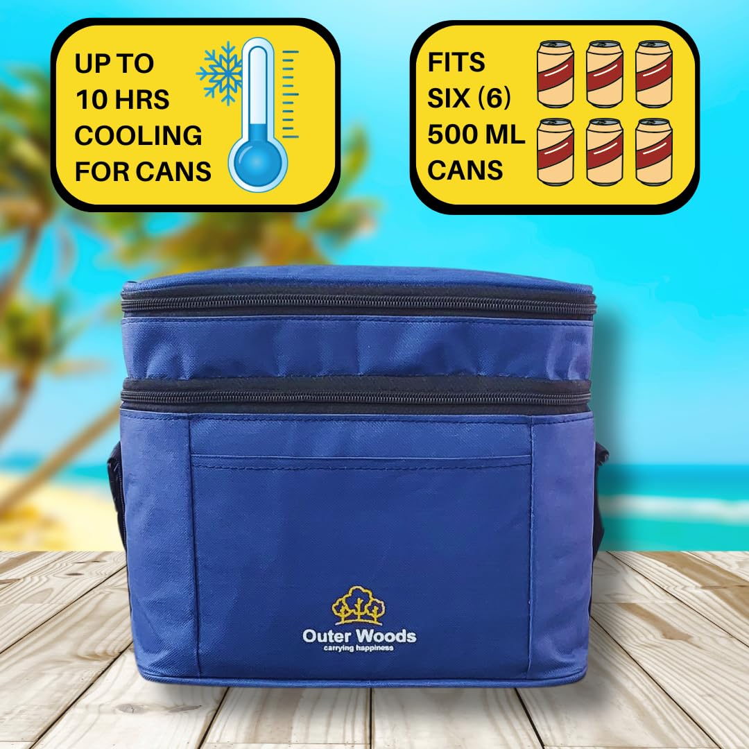 Outer Woods Insulated 6 Can Cooler Bag Dual Compartment, Fits 6 x 500ml Beer Cans & Snacks, Keeps Beer Cans Cool for up to 10 Hours, Ideal for Carrying Food, Beer, Soda, Juice and Milk, Navy Blue