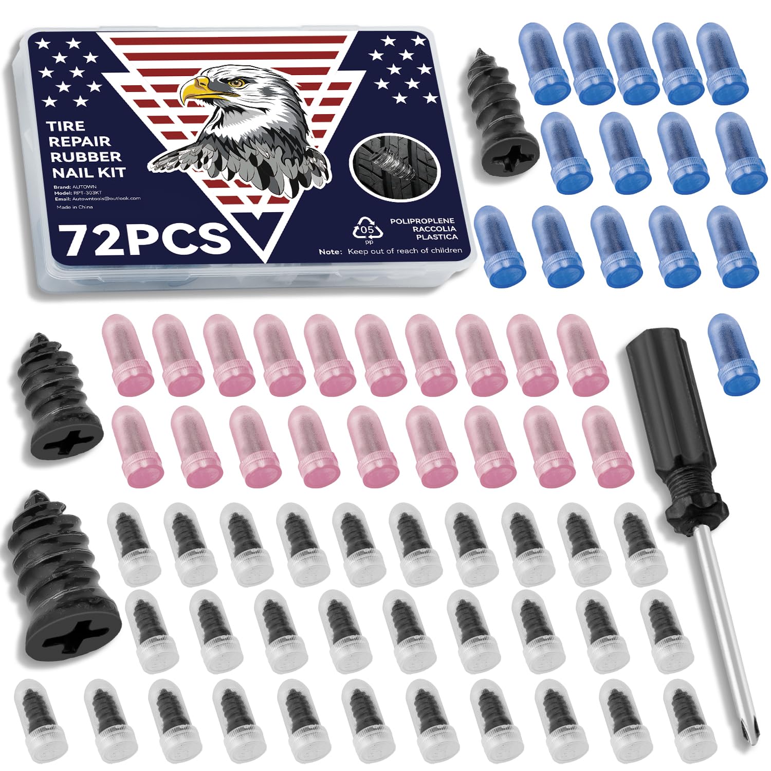 AUTOWN 72PCS Tire Repair Rubber Nail Kit - Complete Set with 3 Sizes, Storage Box & Screwdriver - for Car, Truck, Motorcycle & More