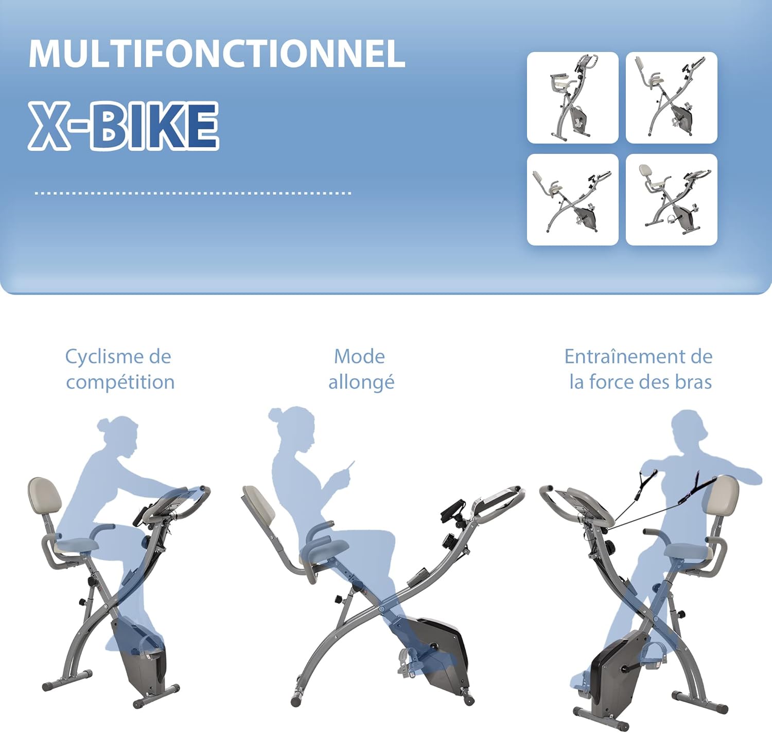 Illustration of different exercise modes including cycling, reclined mode, and arm strength training with resistance bands