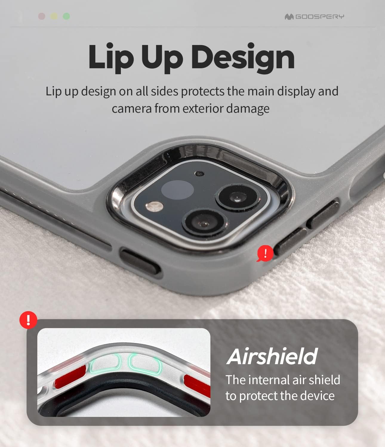 Goospery Air Shield iPad Pro Case 6th/ 5th/ 4th Generation 12.9 inch, Daily Light Slim Case with Lip Up Durable PC and Clear TPU - Grey