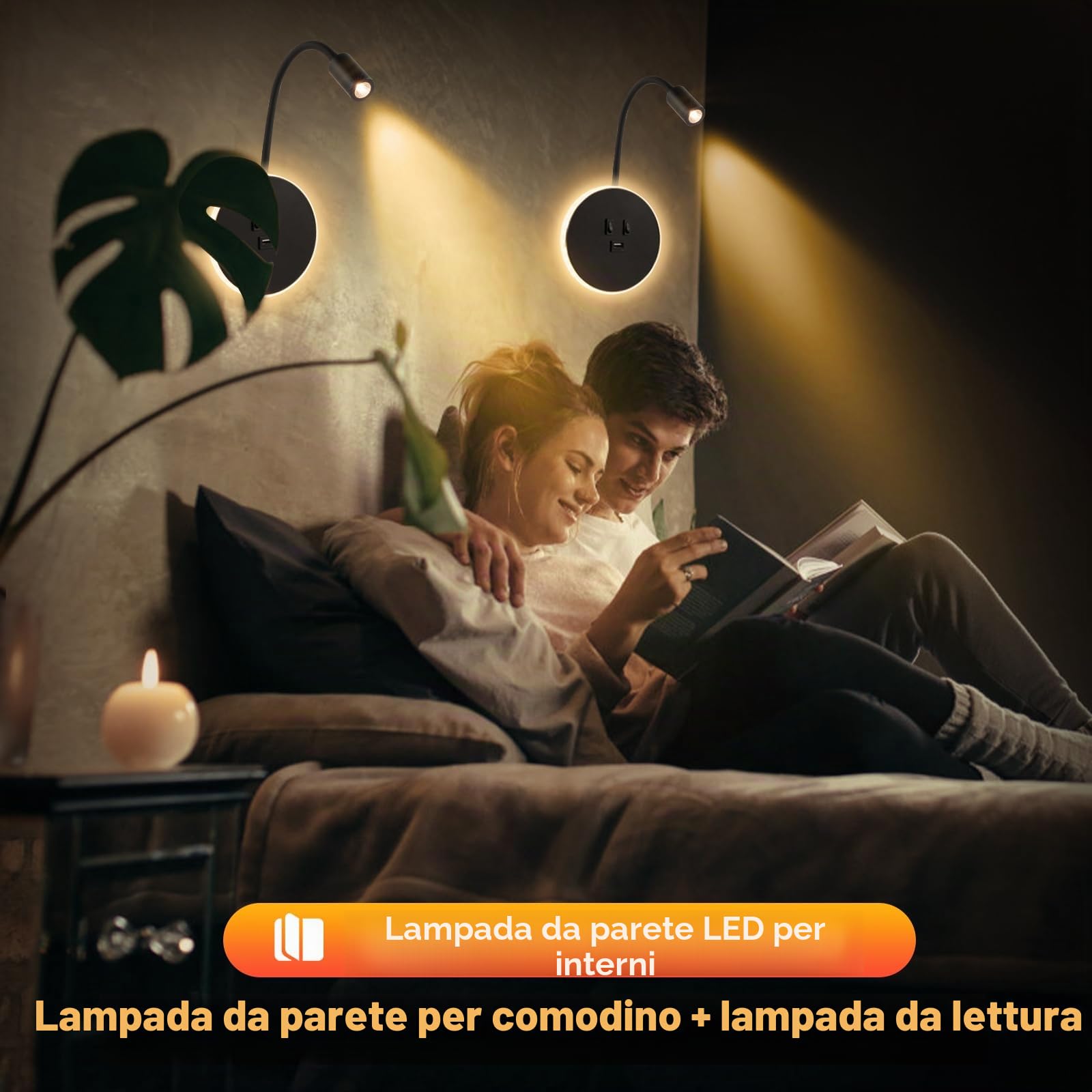 2pcs Lampada da parete a LED, lampada da lettura sul comodino a collo di cigno, applique regolabile sul comodino, con porta di ricarica USB, applique da parete per corridoio(luce calda 3W+9W) (Nero)