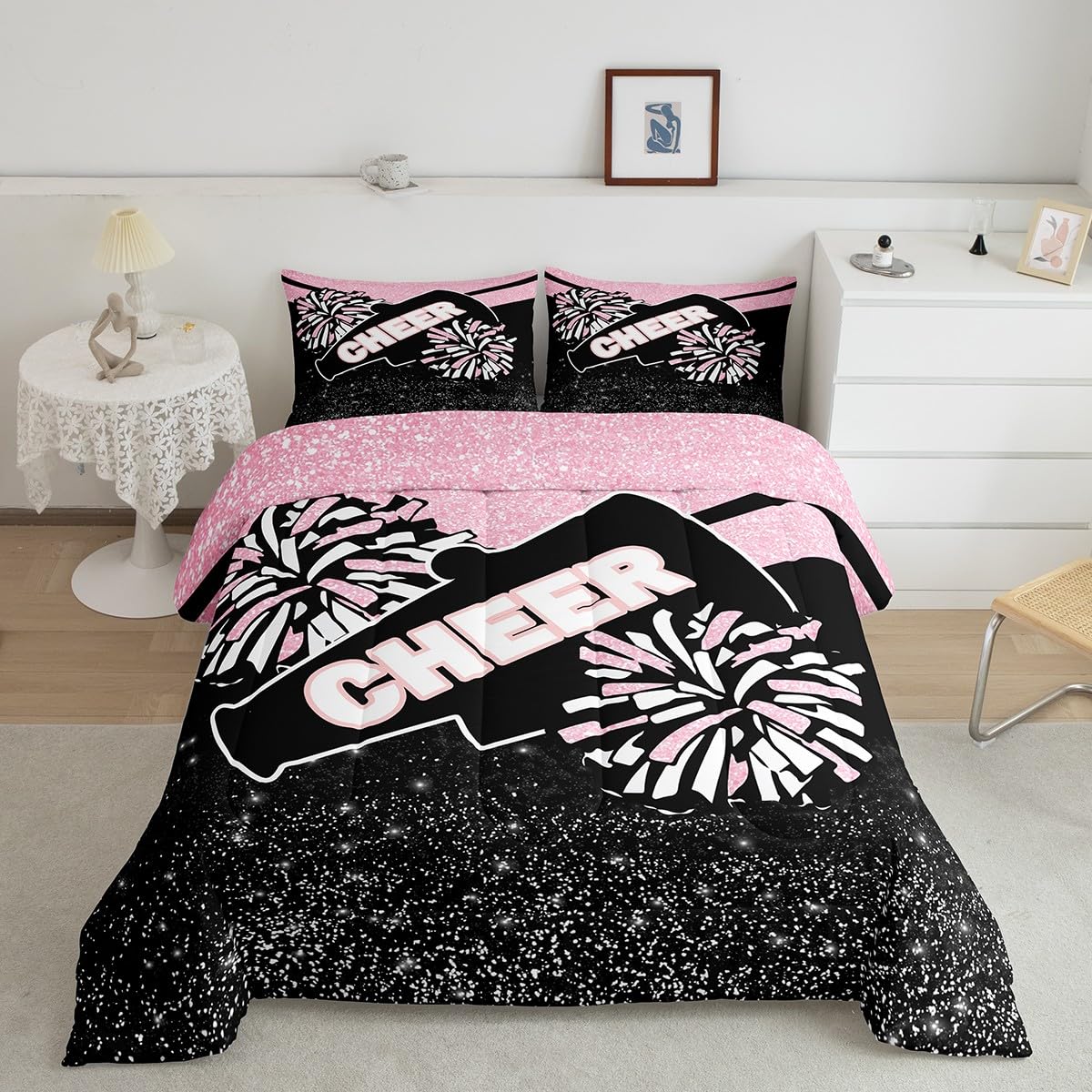 Feelyou Pink Glitter Cheer Comforter Set Toddler Size Dreamy Girly Gymnastic Sports Comforter for Kids Boys Girls Gymnastics Lovers Bedding Set Cheer Sports Duvet Set Room Decor Quilt