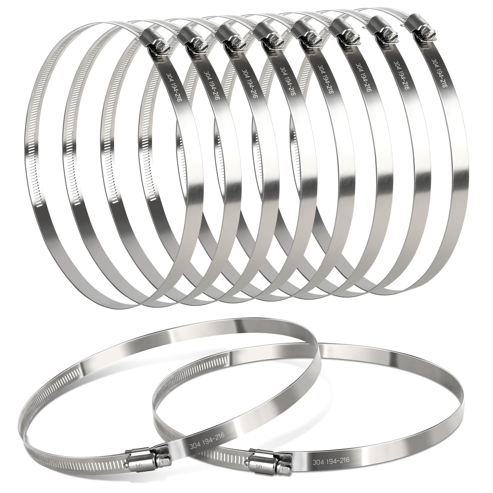 8 Inch Hose Clamp, 10 Pack Stainless Steel Clamps for 7 Inch to 8 Inch Hose Pipe, Adjustable Large Worm Gear Clamps for Air Ducting, Dryer Vent Hose,