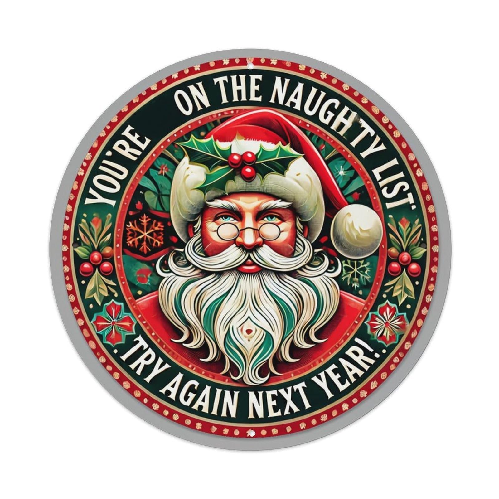 Jdyaojiesheng Vintage Santa Claus With Holly And Snowflakes Round Tin Sign Retro Metal Wall Decor Metal Poster, Home Bar Garage Farmhouse Cafe Wall Art Decoration 8X8inch