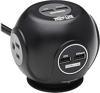 Tripp Lite Surge Protector 3-Outlet Spherical Surge Protector, 4 USB Ports (4.8A Shared) - 6-ft. (1.83 m) Cord, 5-15P Plug, 540 Joules, Black (TLP36USB)