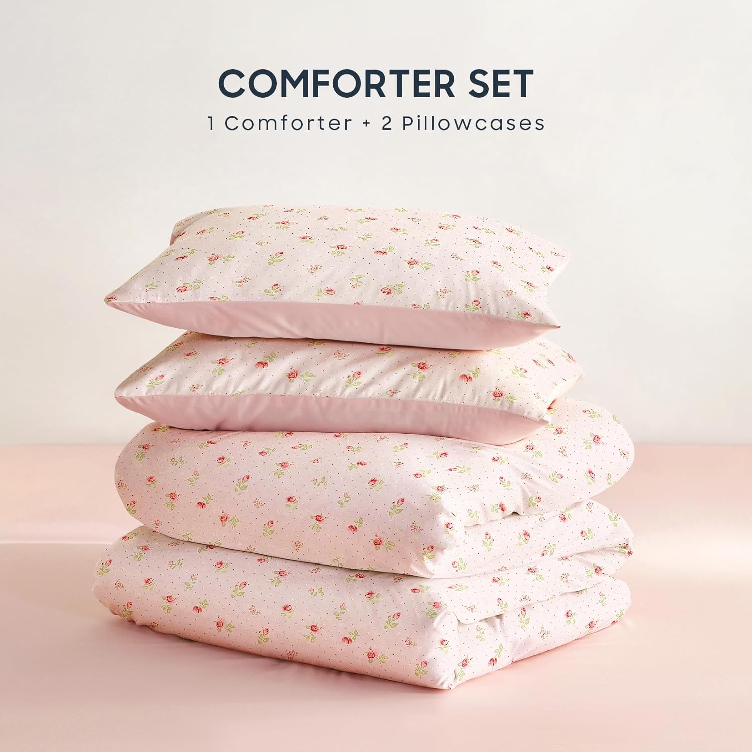 Wake In Cloud - Floral Comforter Set, Coquette Cottagecore Aesthetic Cute Flower Rose Pattern for Women Teen Girls, Soft Lightweight Dorm Bedding, 3 Pieces, Dusty Pink, Twin/Twin XL Size thumbnail