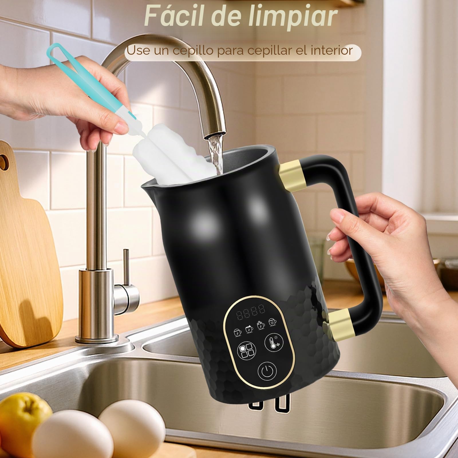 Espumador de leche eléctrico - Espumador de leche 4 en 1 para chocolate caliente con control de temperatura, espumador de leche automático para espuma caliente y fría con 2 batidores para capuchino
