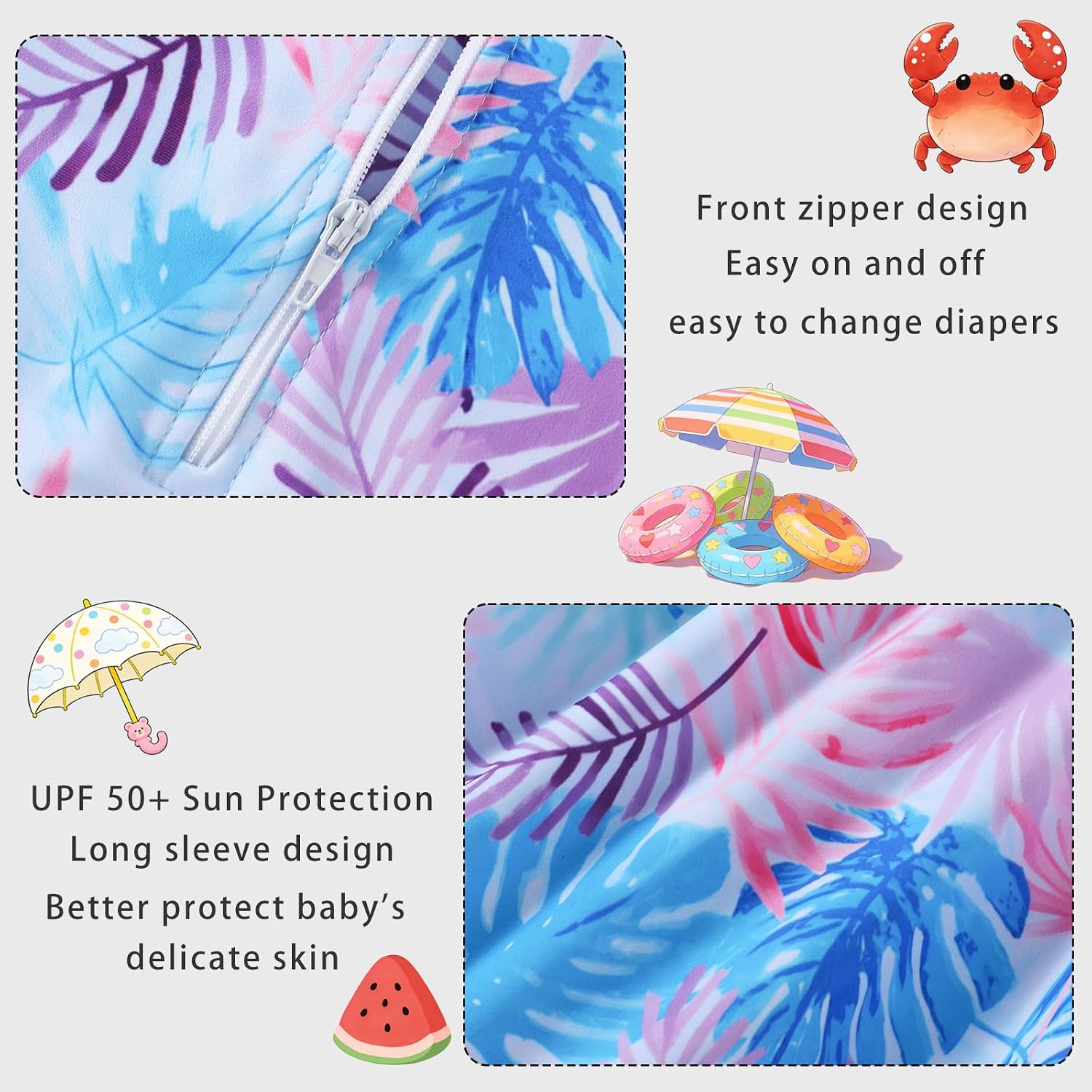 Baby Girls UPF 50+ Sun Protection Floral Printed Long Sleeve One Piece Rash Guard Swimsuit with Zipper