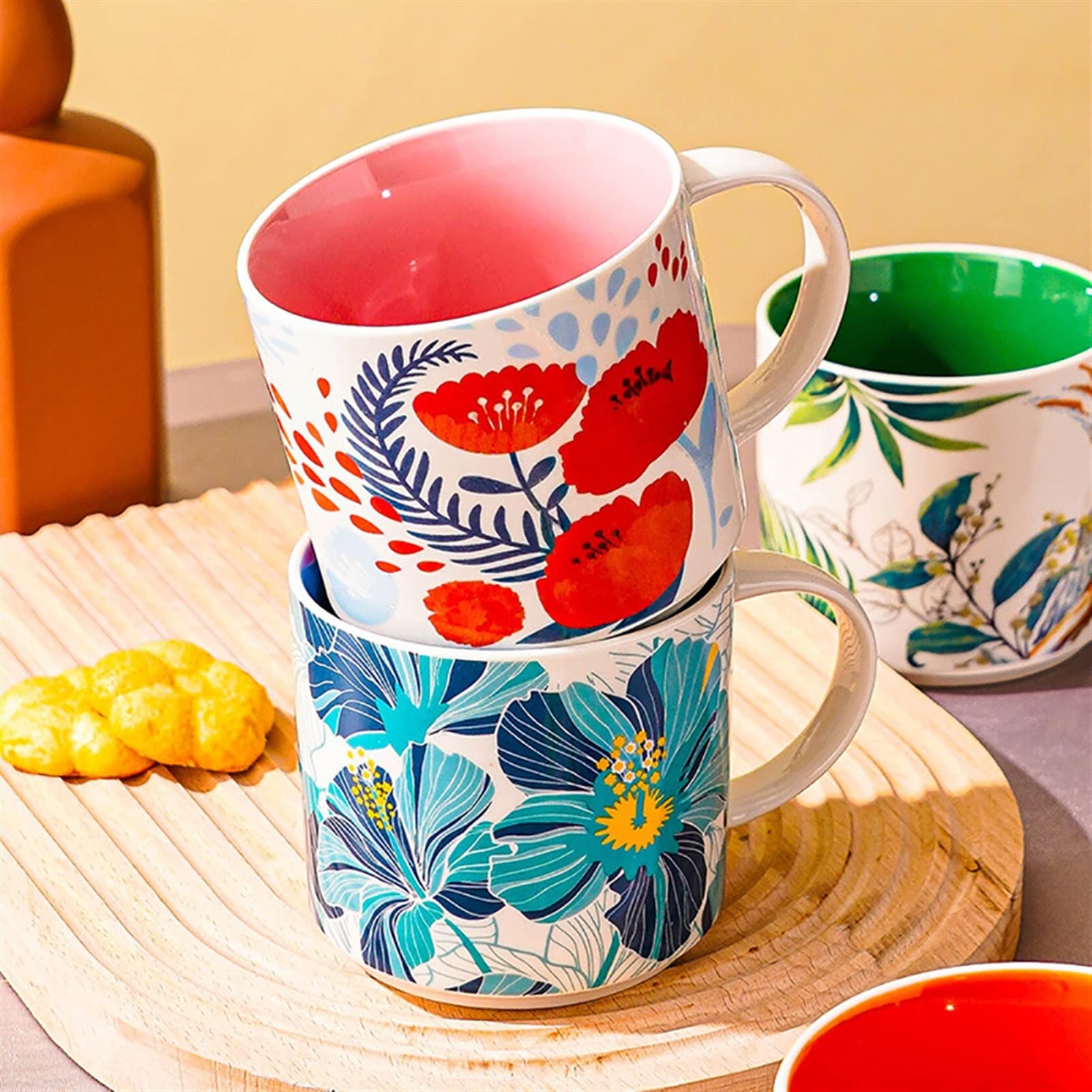 Tasses à Café Tasse en céramique peinte à la main Chaîne de fleurs Tasse de petit déjeuner de lait de cuisson à café sous-allongée tasse de porcelaine, un bon cadeau for amis 450 ml Tasse à Thé ( Colo