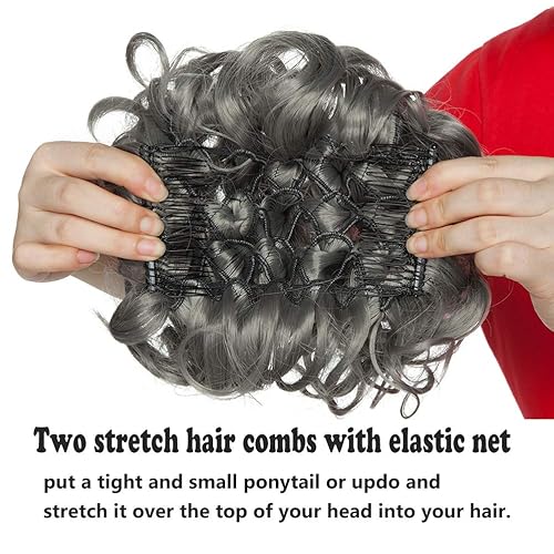 Miniatura 5 de Benehair Moño desordenado con peines con clip en moño de Juva, moño de Juva, esponjoso, ondulado, fácil de estirar, moño grande, cola de caballo