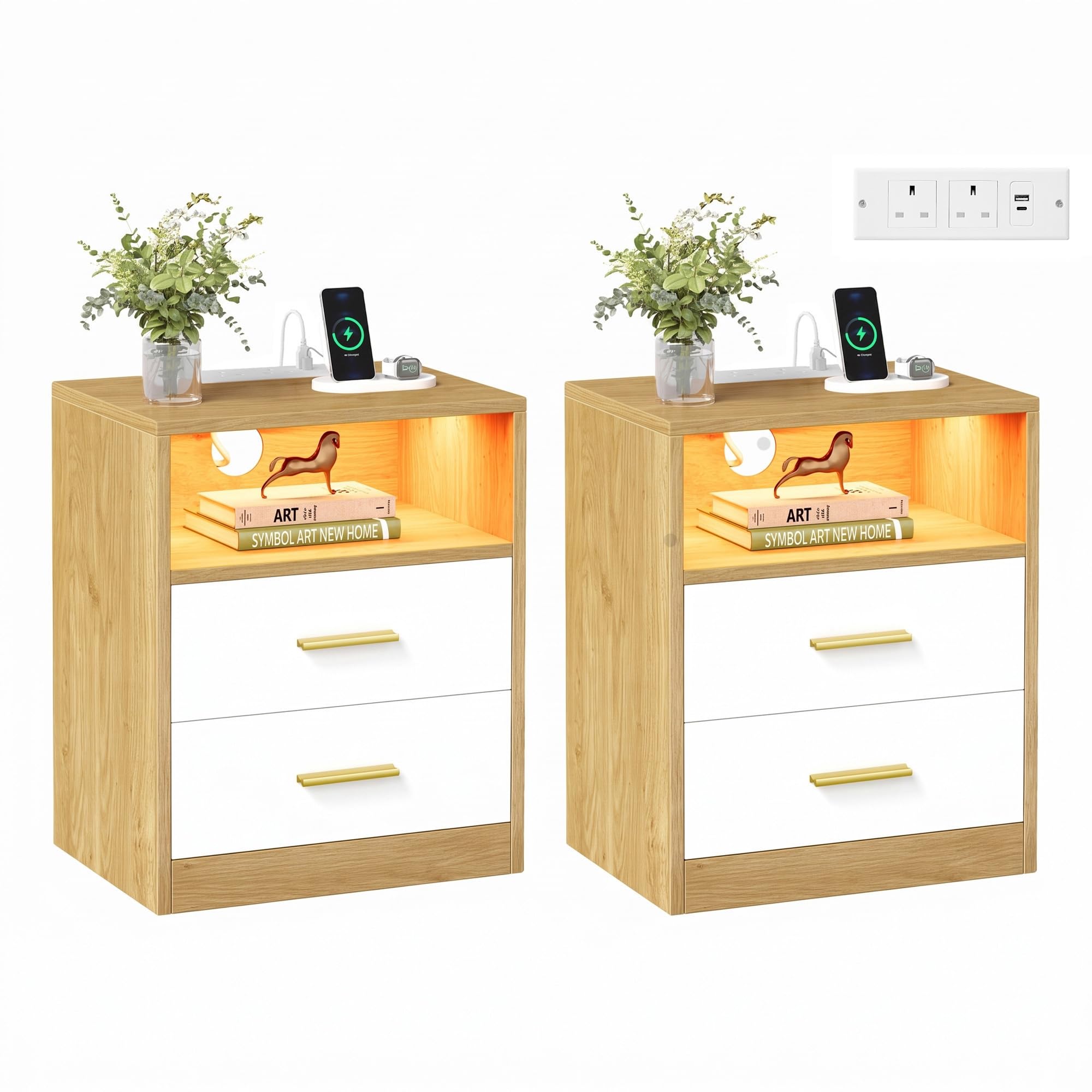 VASAGLE Bedside Table with Charging Station, LED Lights