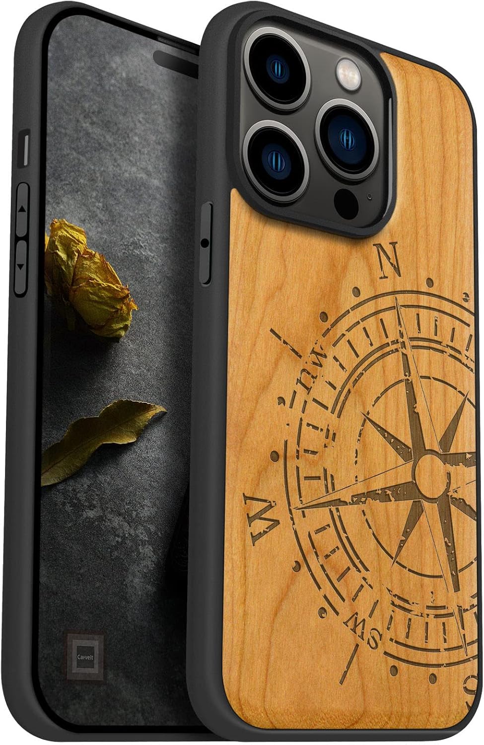 Carveit Magnetic Wood Case for iPhone 14 Pro Case [Natural Wood & Black Soft TPU] Unique & Classy Wooden Shockproof Protective Cover Compatible with magsafe (Vintage Compass -Blackwood)