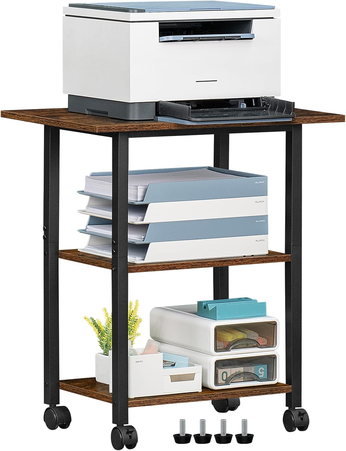 Lerliuo 3-Tier Printer Stand, Industrial Mobile Printer Table with Storage Shelf and Steel Frame, Rolling Printer Cart Holder with Lockable Wheels for Home, Office (White)