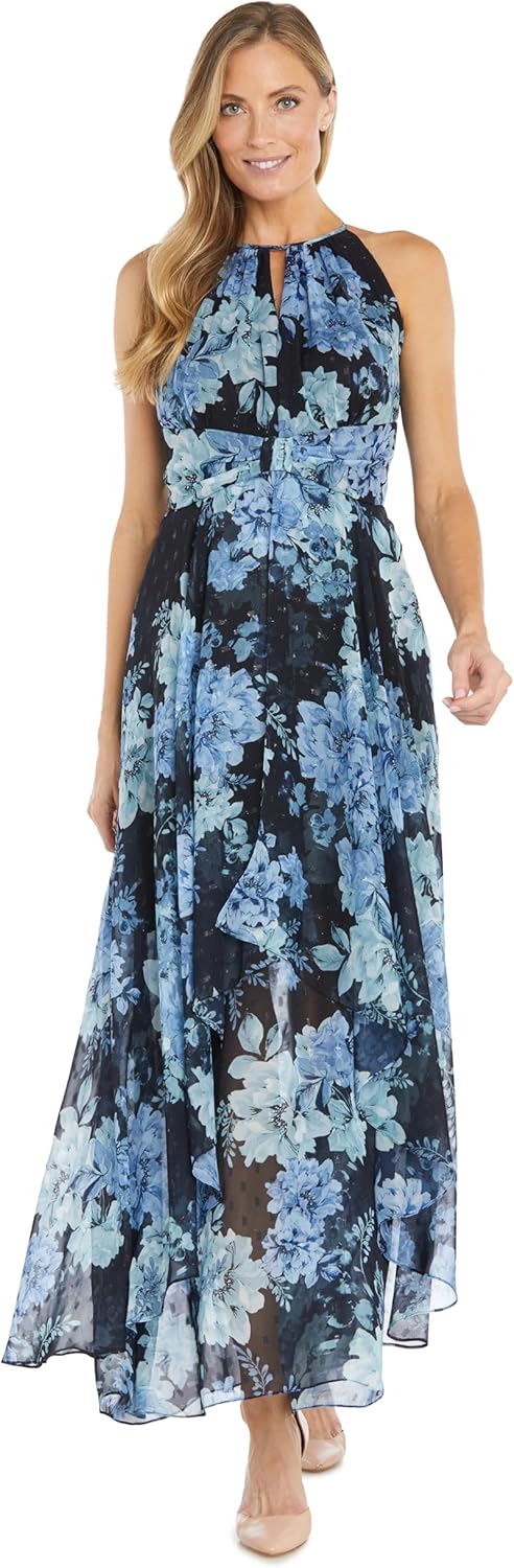 Halter Floral Printed Chiffon Maxi Dress W/Keyhole Detail