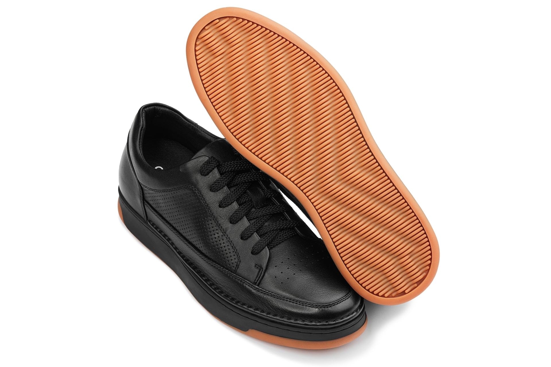 CALTO Zapatos de elevación Invisibles para Hombre con Aumento de Altura – Zapatillas de Cuero de Primera Calidad con Cordones – 2.6 Pulgadas más Altas, Suela Negra de Goma Negra, 41 1/3 EU