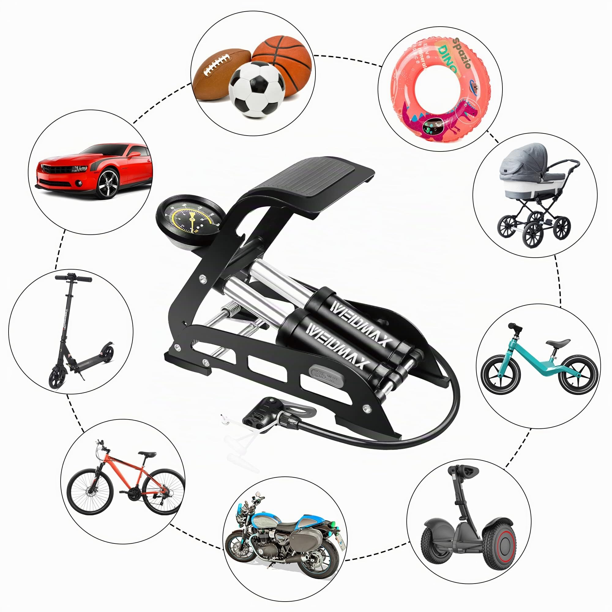 WEIDMAX Pompa per bicicletta a doppio cilindro, pompa ad aria per pavimento della bicicletta, pompa per pneumatici portatile, con manometro e valvola intelligente