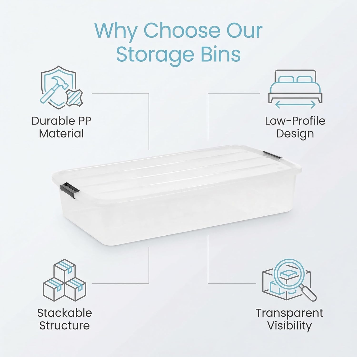 (3 Pack) Low Profile Under Bed Storage Containers,50 Quart Clear Plastic Storage Bins with Secure Latching Lids,Stackable Underbed Totes for Bedroom Closet Dorm Apartment Small Space Organization