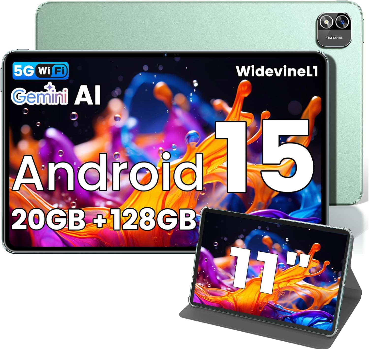 Azeyou Tablet 11 inch Android 15 Tablets 20GB RAM 128GB ROM 1TB Expand, 8000mAh Octa-Core Tablet with Protective Case, 1920x1200 HD IPS Display, GPS, 5G WiFi, Split-Screen, Widevine L1-Metal Green