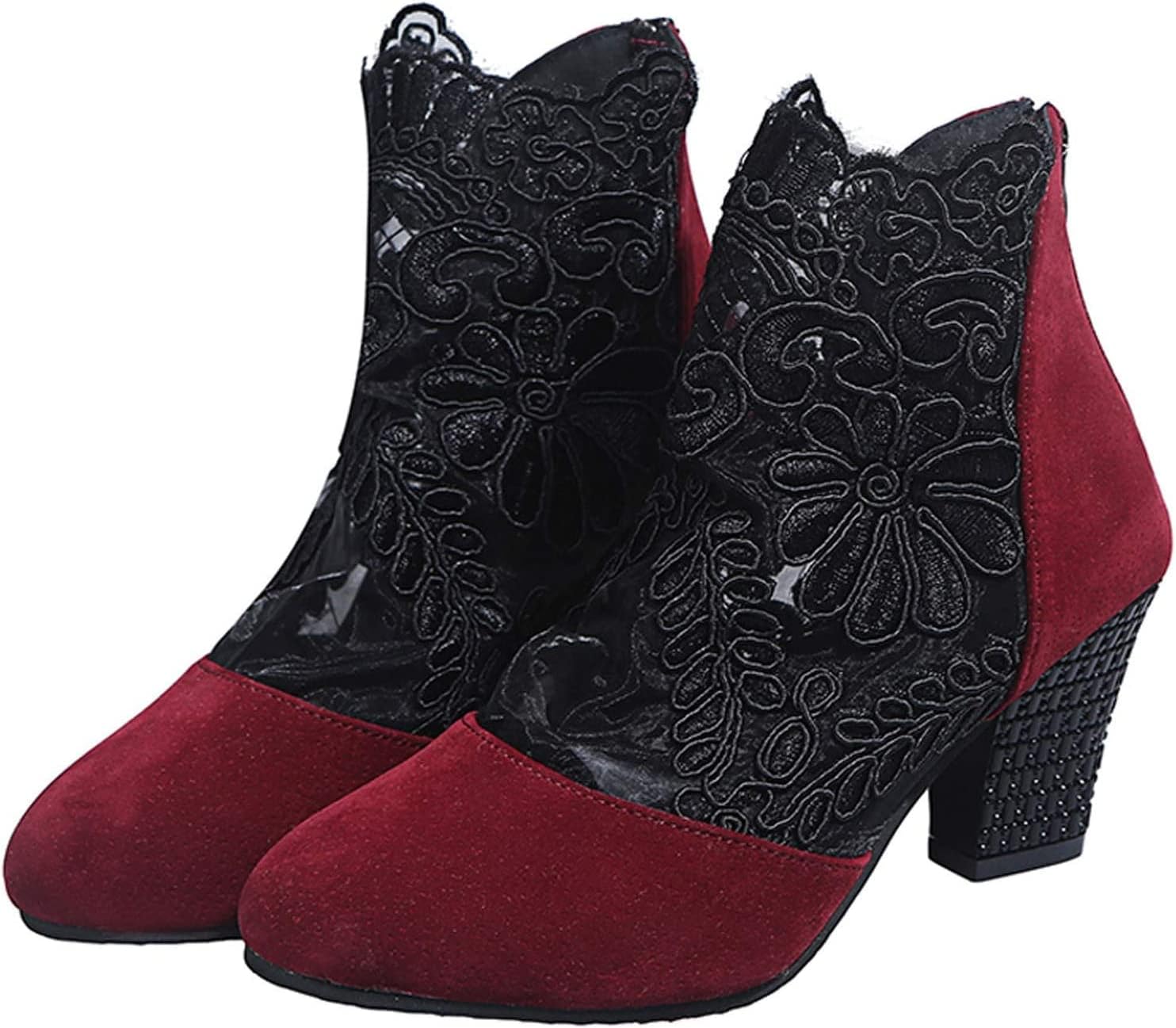 Womens Sandal Boots Sexy Lace Breathable Fashion Round Toe Back Zipper Booties High Block Ankle Sandalias Wedding Shoes for Bride (Black 1 40 EU)
