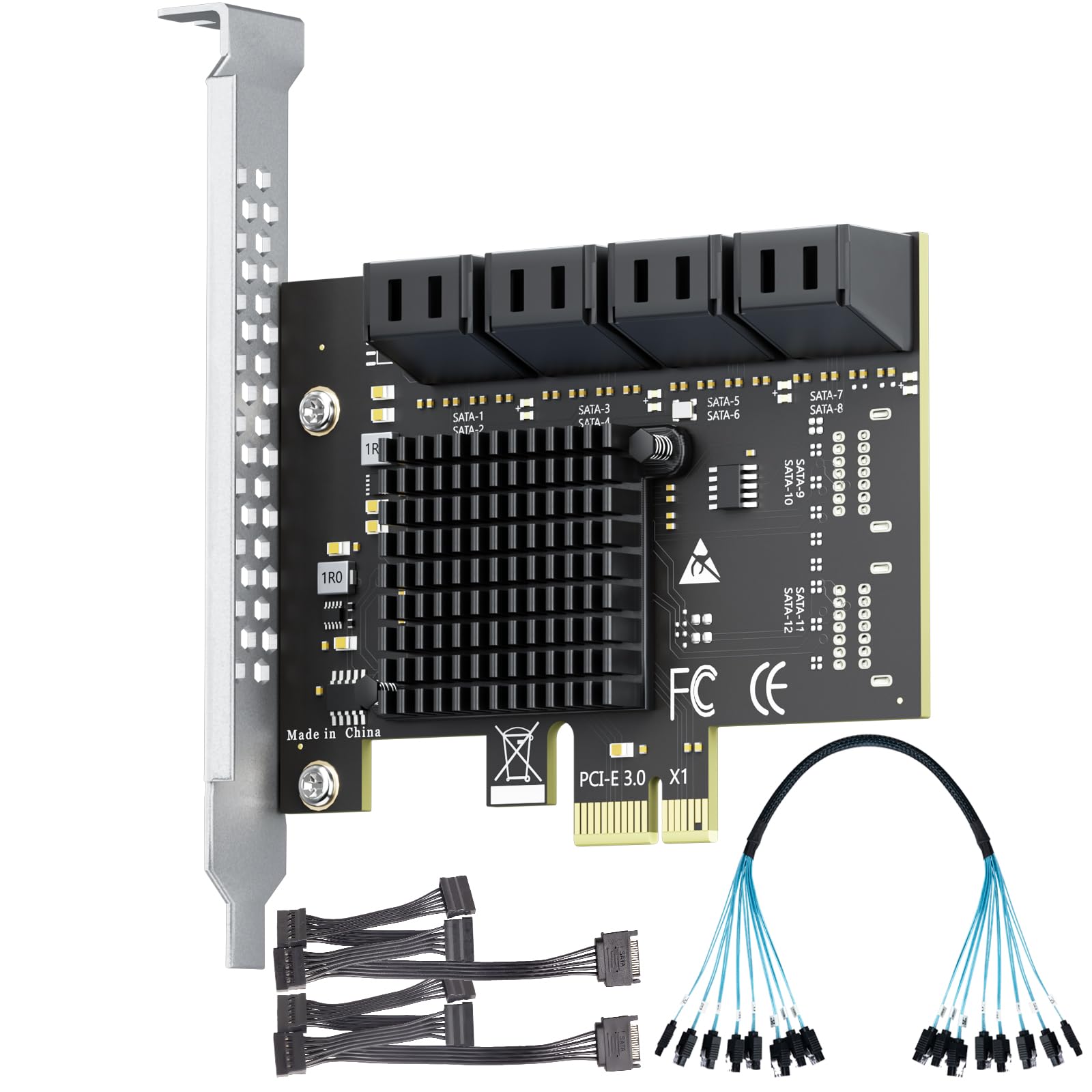 8-Port PCIe X1 SATA Expansion Card with SATA and Power Cables, Compatible with Windows, Linux, Mac OS, NAS